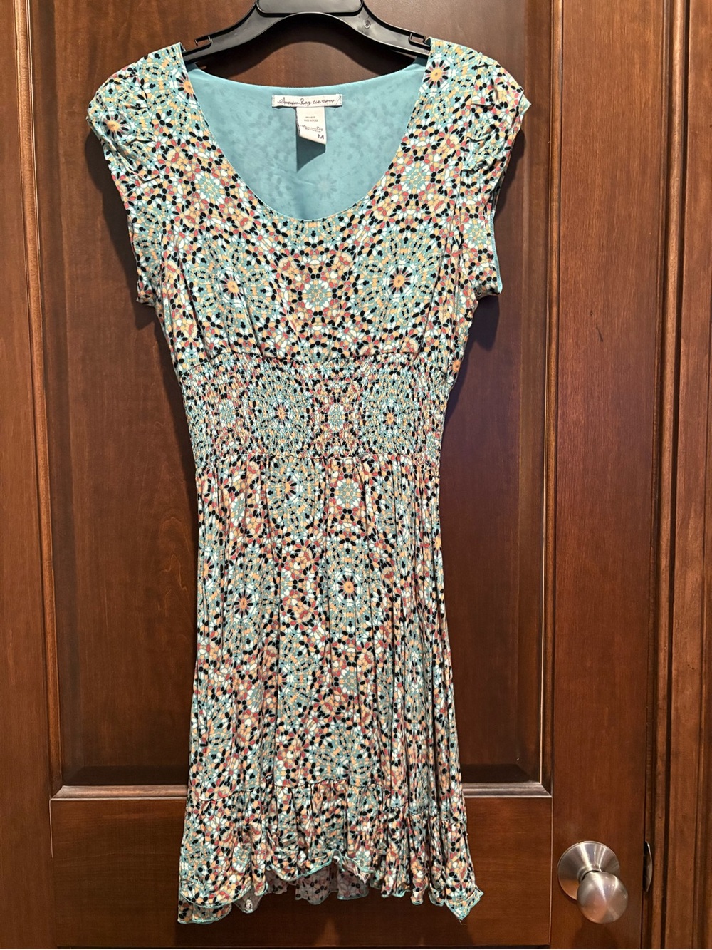 American Rag Aqua Mosaic-Print Short Sleeve Mini Dress